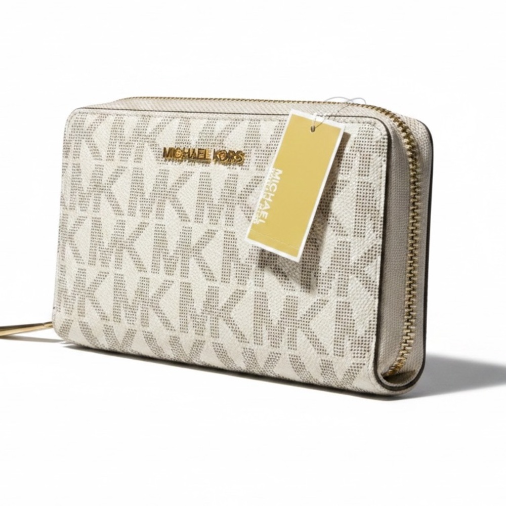Michael Kors  Jet Set Vanilla Logo Zip Around Multi Pockets Large Wallet